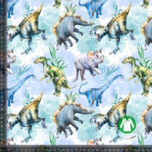 Trikotaaž - dinosaurused helesinisel, GOTS