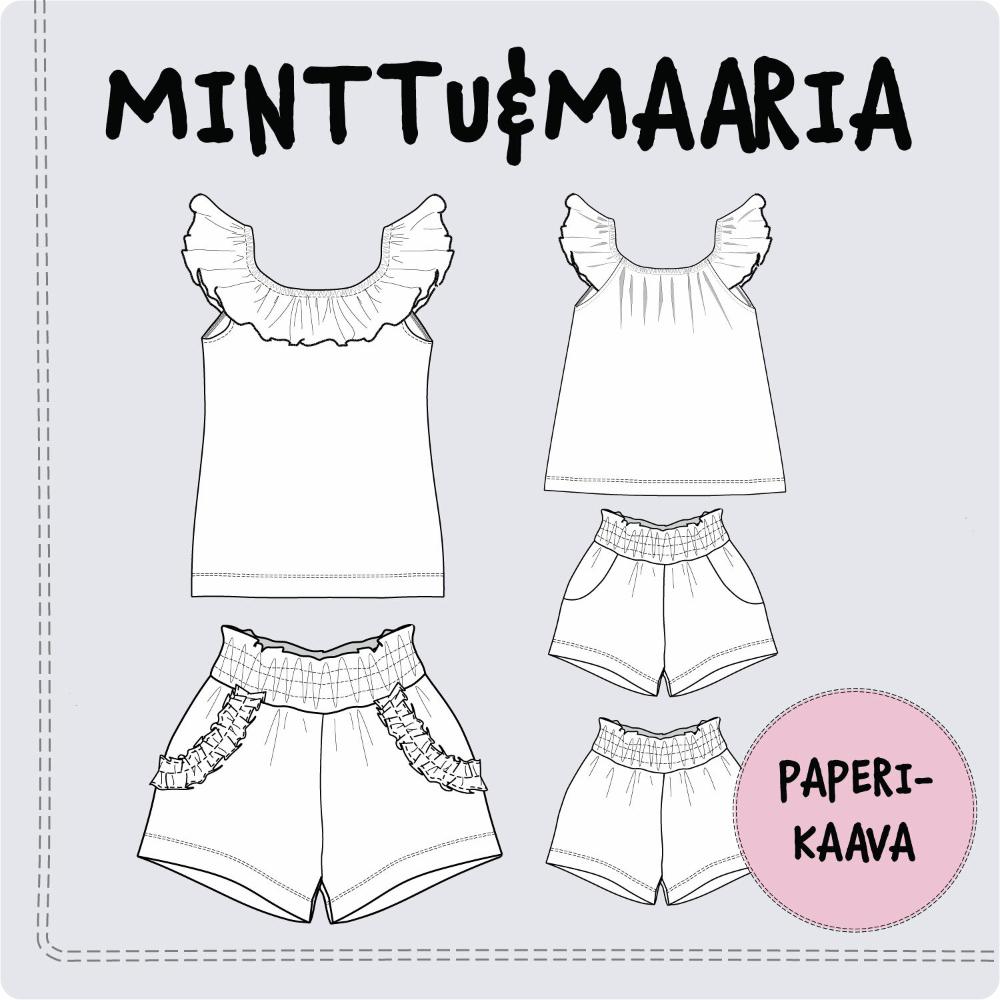 Paberlõige - laste satsidega pluus ja lühikesed püksid MINTTU&MAARIA, suurus 98-158