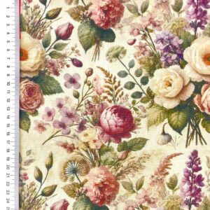 Linane kangas viskoosiga, Vintage stiilis roosid ja põllulilled