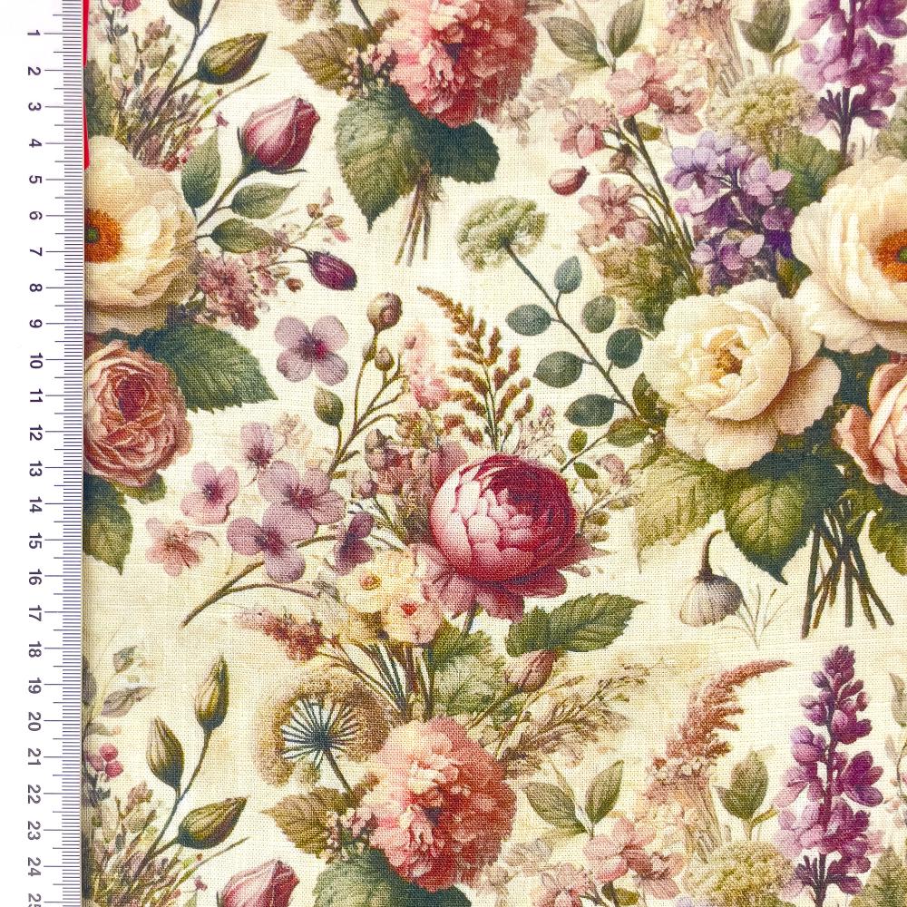 Linane kangas viskoosiga, Vintage stiilis roosid ja põllulilled