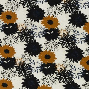 Trikotaaž - sinepikollased ja mustad lilled loodusvalgel