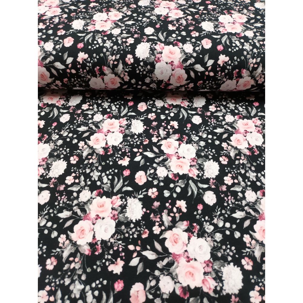 Trikotaaž - väiksed roosad roosid, must