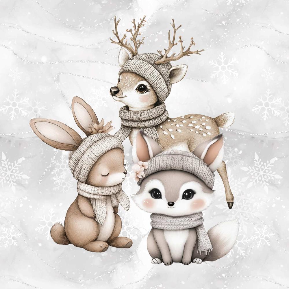 Dressikangast paneel, 40x50 cm, jänes, rebane ja kits lumehelvestega