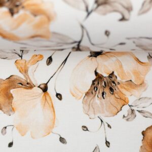 Trikotaaž - aprikoosivärvides lilled, 1,1 meetrine tükk