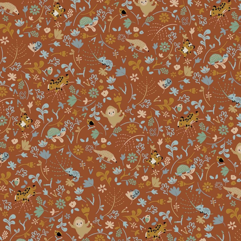 Puuvillapopliin - džungliloomad, terrakota, GOTS