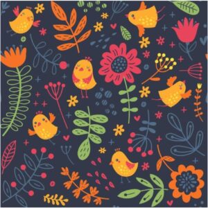 Trikotaaž – oranzid linnud, lilled tumesinine