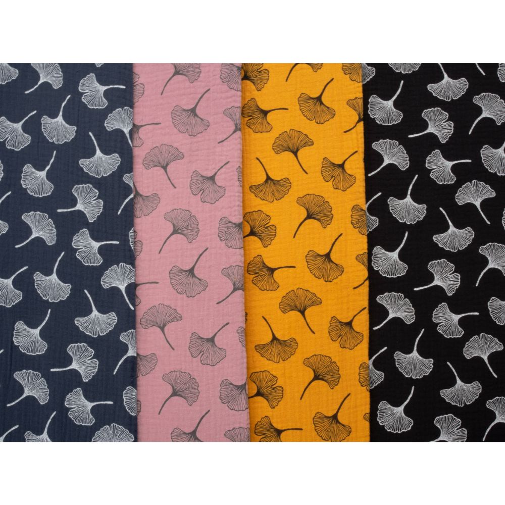 Musliin - 2-kihiline, Ginko lehtedega, sinepikollane/must - Image 4