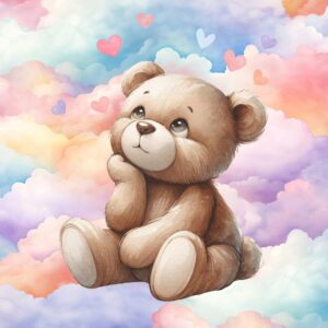 Dressikangast paneel, 40x50 cm, karu, värvilised pilved ja südamed