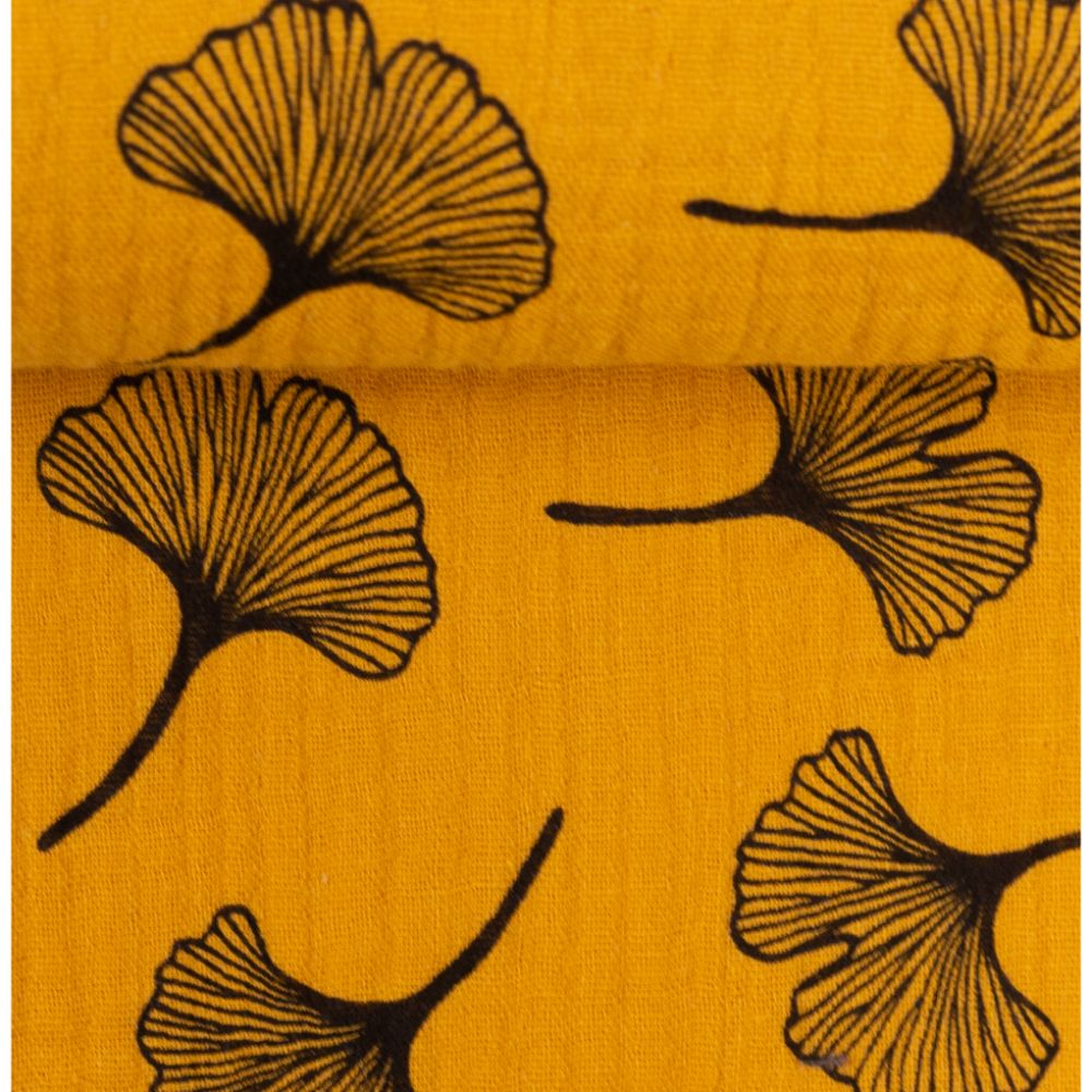 Musliin - 2-kihiline, Ginko lehtedega, sinepikollane/must - Image 3