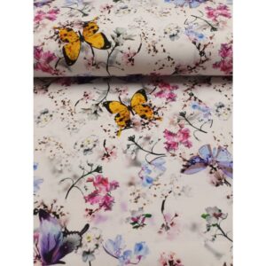 Trikotaaž - liblikad ja kirsioksad, valge, GOTS