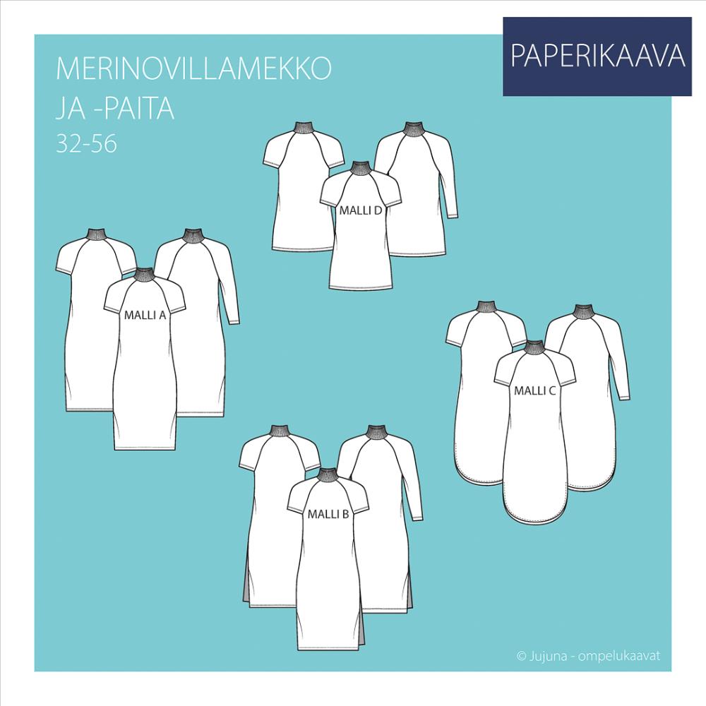 Paberlõige - naiste meriinovillane kleit ja pluus, suurus 32-56