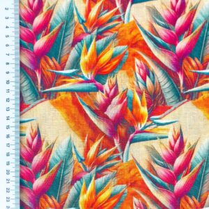 Linane kangas viskoosiga, oranžid lilled