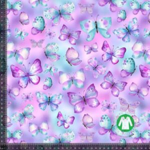 Trikotaaž - säravad liblikad helelilla, GOTS