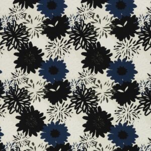 Trikotaaž - sinised ja mustad lilled loodusvalgel
