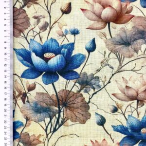 Linane kangas viskoosiga, sinised ja roosad lootosed