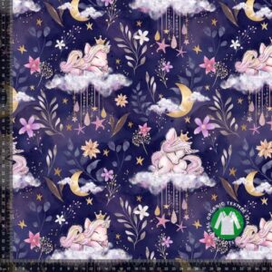 Trikotaaž - ükssarvikud pilvede ja lilledega, lilla, GOTS