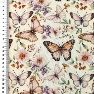 Linane kangas viskoosiga, liblikad ja lilled