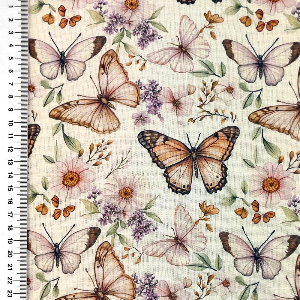 Linane kangas viskoosiga, liblikad ja lilled