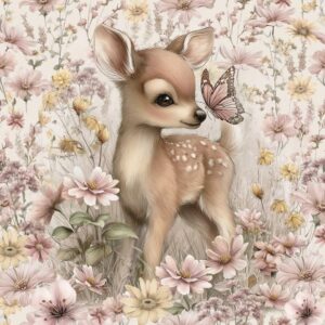 Dressikangast paneel, 40x50 cm, hirvetall liblika ja roosade põllulilledega