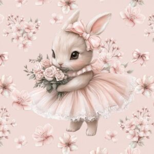 Dressikangast paneel, 40x50 cm, jänes roosade lillede ja tüllseelikuga