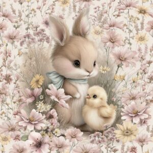 Dressikangast paneel, 40x50 cm, jänes tibuga ja roosade põllulilledega